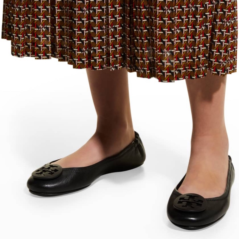 Tory Burch Black Leather Logo Ballet Flats
